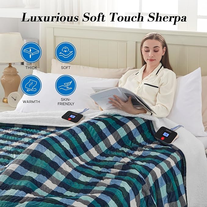 Westinghouse Electric Blanket Queen Size, Soft Flannel to Sherpa Heated Blanket with Dual Control 10 Heating Levels & 1 to 12 Hours Auto-Off, Machine Washable, Fast Heating, 84 * 90 Inch, Green