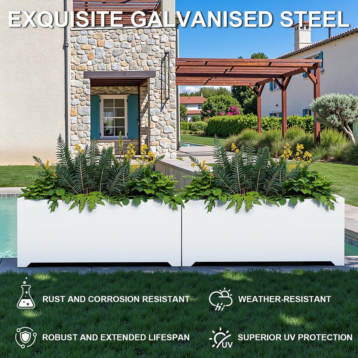 36" White Rectangular Planter, 36x15x15 Inch Large Metal Flower Box with 6 Drainage Holes, Raised Bottom, Galvanized Outdoor Planter for Patio Garden Deck, Heavy Duty Planter for Vegetables Shrubs