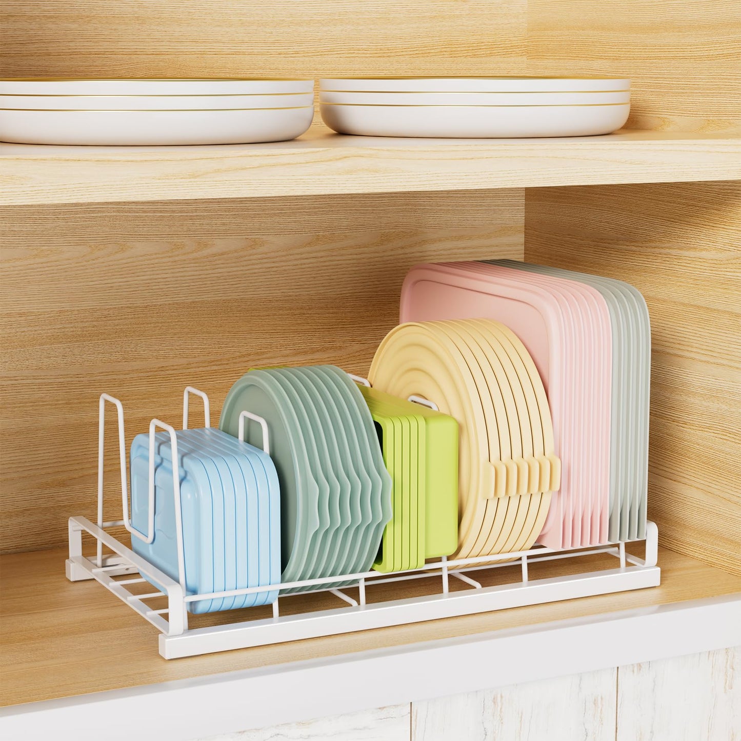GAGUIUP Food Container Lid Organizer, Adjustable 6 Dividers Full-Metal Pot and Pan Organizer Rack for Kitchen Cabinets, Drawers, Cupboards, Pantry Shelves Storage, White