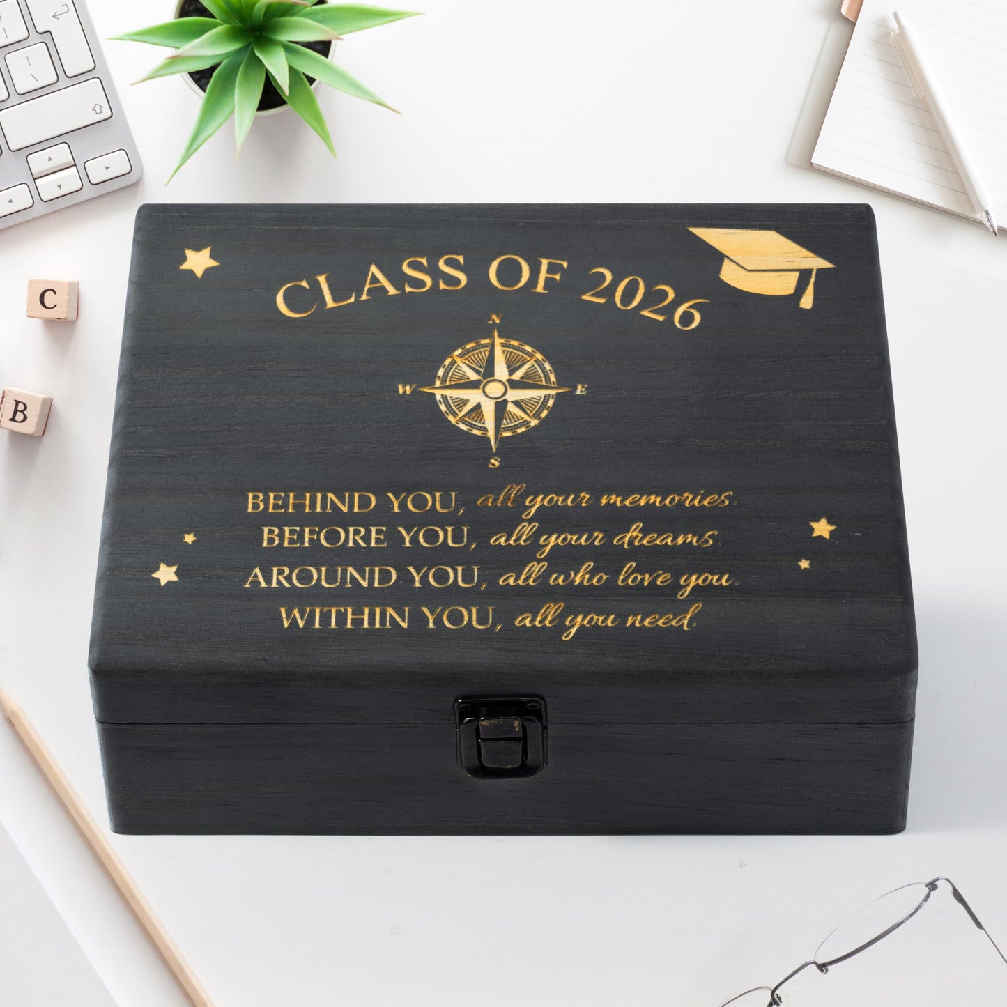 R HORSE Graduation Keepsake Wood Box, Wooden Engraving Memory Box for High School Graduates, Engraved Class of 2026 Graduation Gift for Him Her Memory Storage & Party Favor