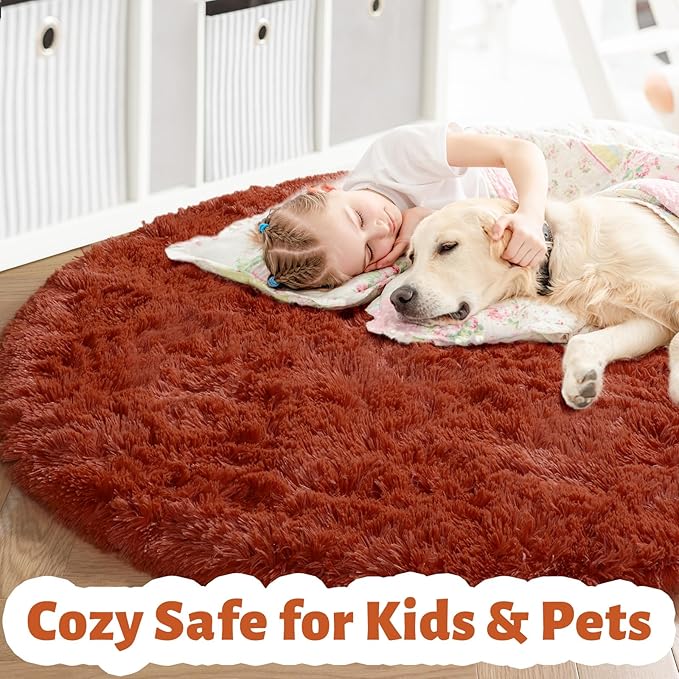 Amdrebio Terracotta Rust Round Circle Rug 6Ft for Bedroom Living Room, Fluffy Shaggy Furry Fuzzy Area Rugs for Kids Room Decor Aesthetic, Large Plush Shag Rustic Carpet for Nursery Playroom Classroom