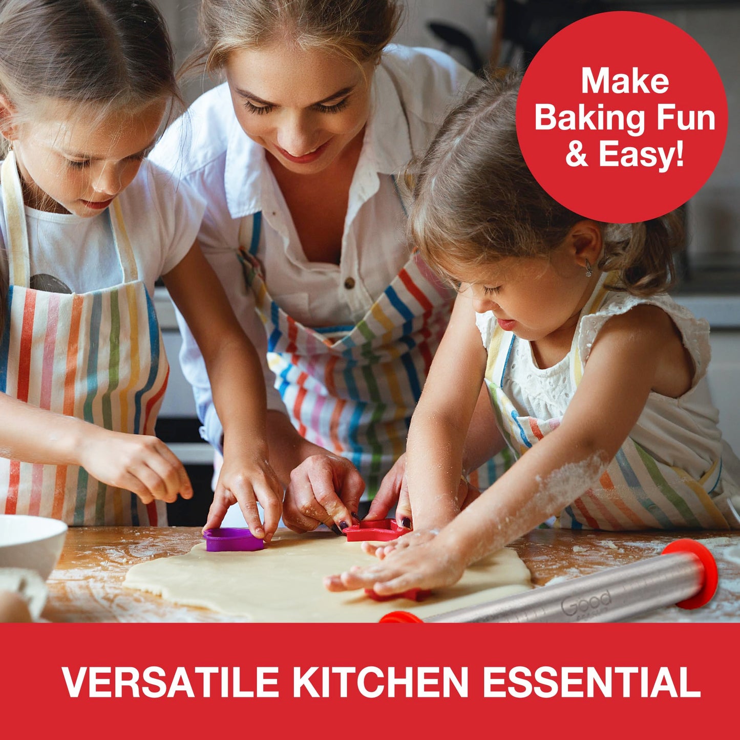 Adjustable XL Pastry Rolling Pin w/ 3 Spacer Rings- Adjust Dough Height for Consistent Thickeness- Heavy Duty NonStick Stainless Steel French Roller 17" Barrel- Bake Easter Cookies, Bread, & Pasta