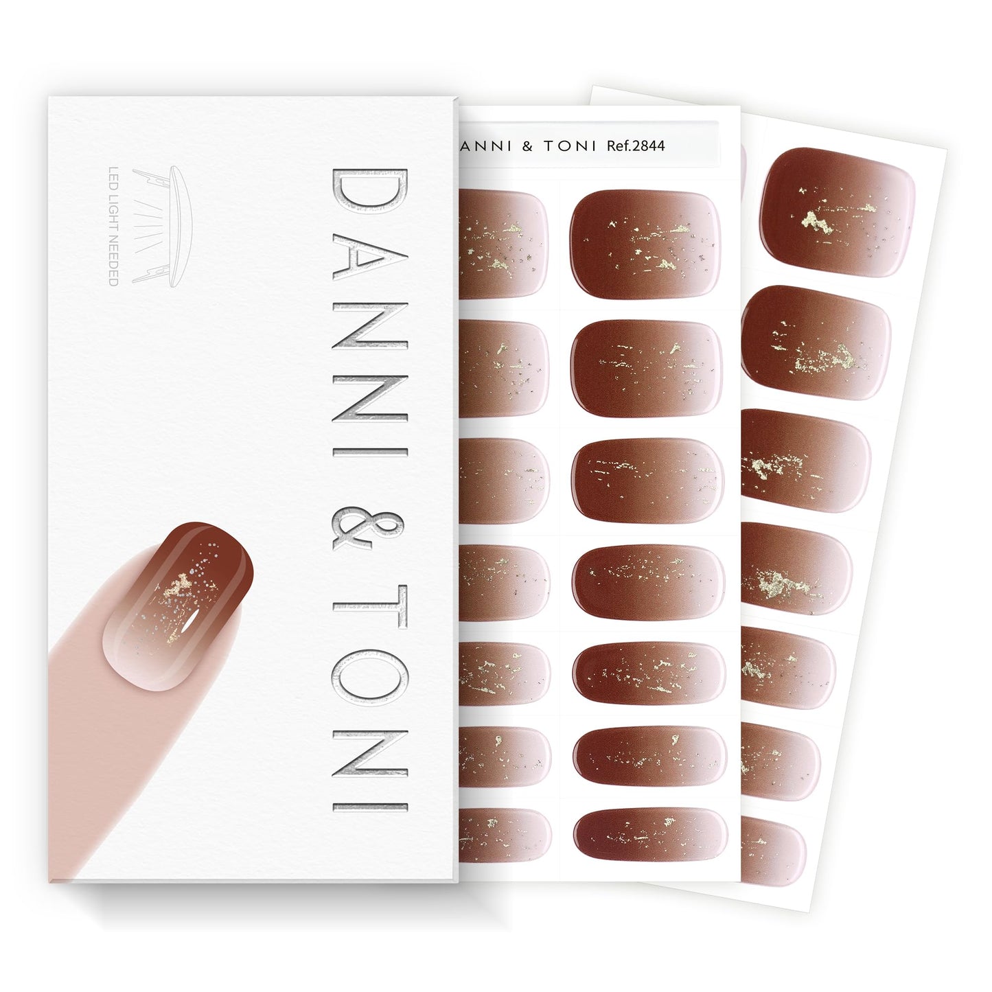 DANNI & TONI Semi Cured Gel Nail Strips Reddish Brown Gradient Gold Foil Gel Nail Wraps 28 Stickers | Golden Ember