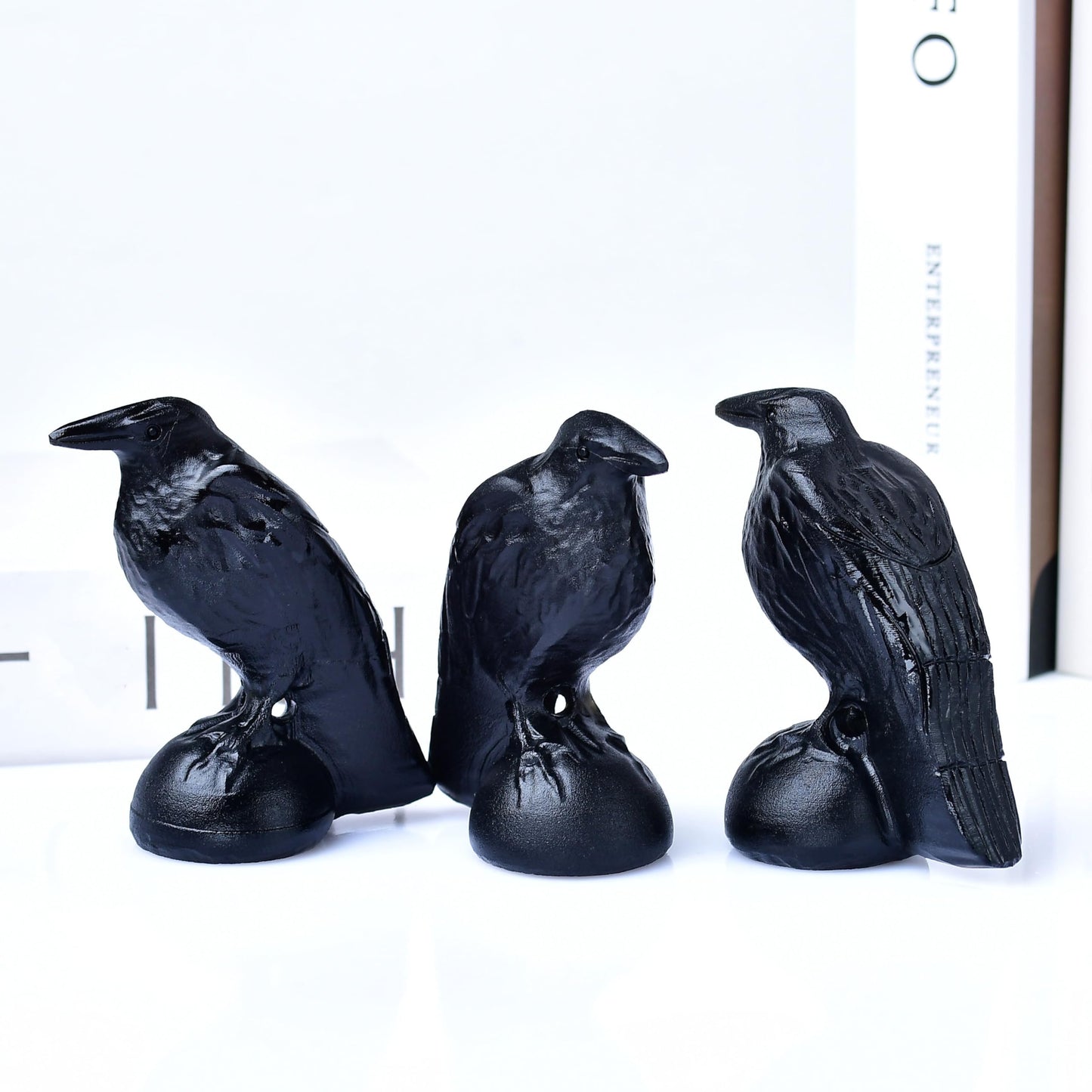 RUIJINGYUAN Black Obsidian Raven Statue 3.15" Large Crow Statue Figurine Healing Crystal Stone Sculpture Reiki Meditation Gothic Home Decor Gift
