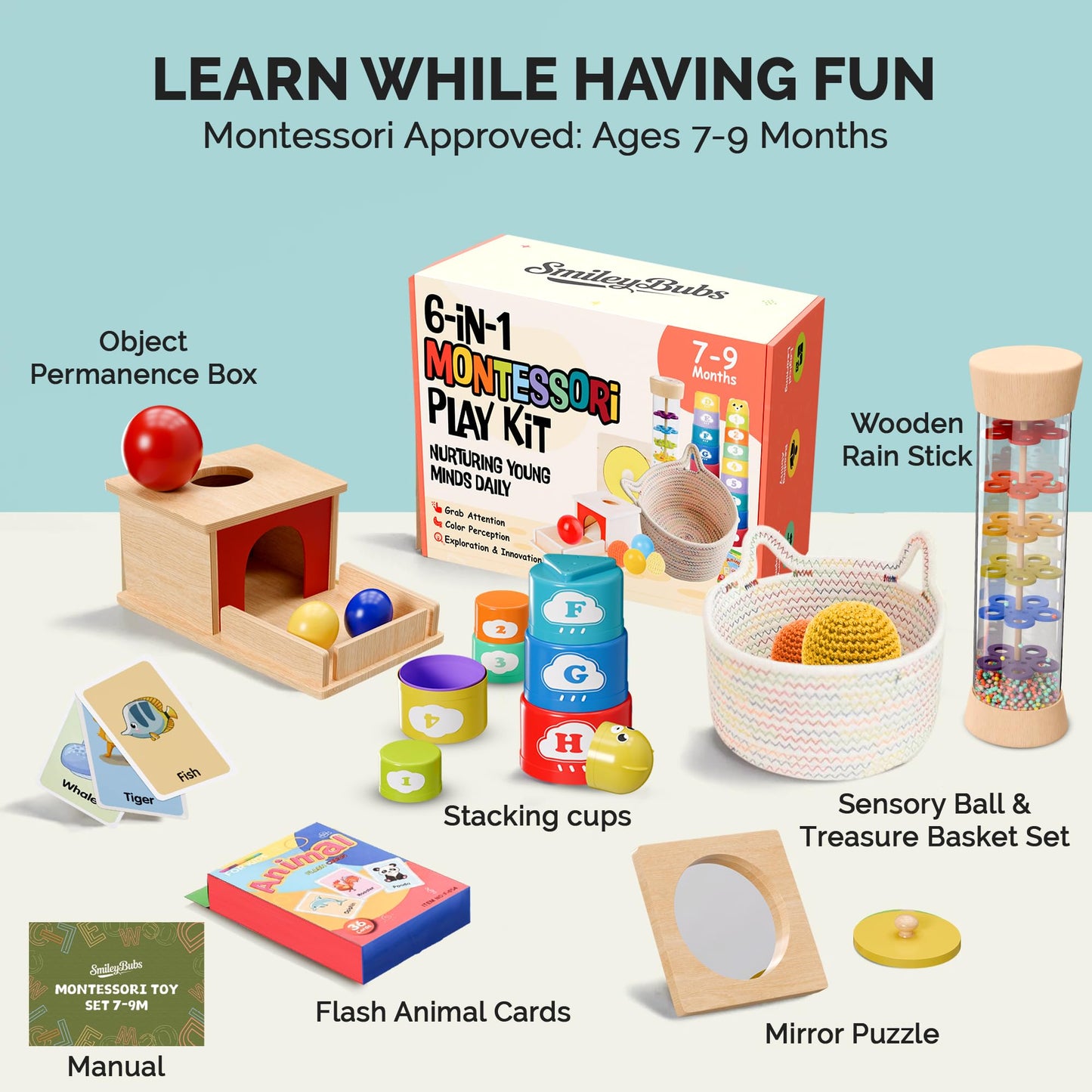 SmileyBubs Montessori Baby Toys 7–9 Months, Developmental Tools for 7+ Month Babies, Baby Sensory Toys - A Sliding Box, Mirror Puzzle, Stacking Cups, Treasure Basket, Rain Stick, Animal Flashcards