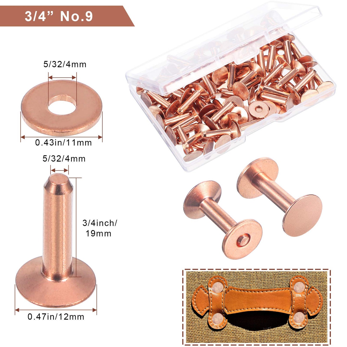 Ripeng 400 Pcs Size 9 3/4 Inch Copper Rivets and Burrs Washers Leather Fastener Kit for DIY Craft Belts Wallets Collars Handbags Shoes Leather Working Supplies