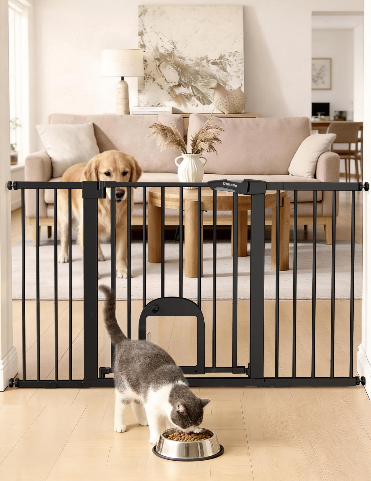 Babelio Dog Gate with Adjustable Cat Door, CatPrivilege III, 29-43", Black