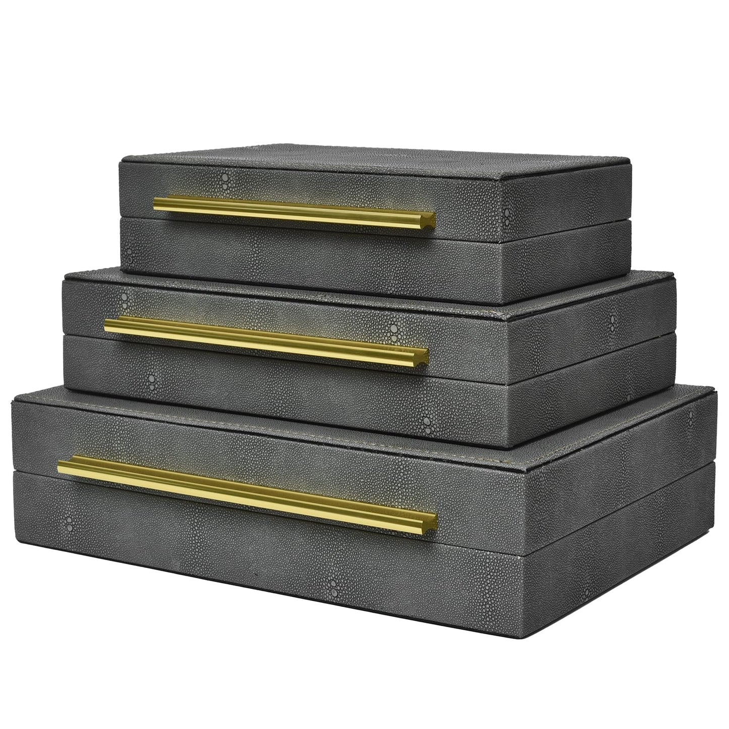 DECOR4SEASON Faux Shagreen Decorative Storage Boxes – Set of 3 Stackable Jewelry Organizers with Gold Metal Handles & Velvet Lining, Modern Grey Box for Vanity, Entryway & Coffee Table Décor