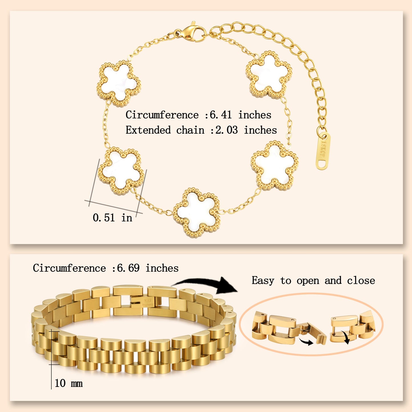 YOQ Stackable Four Leaf Clover Bracelets for Women, 18K Gold Plated Love Bangle Bracelets Set, 2 Pcs Charm Jewelry Gifts (White 2Pcs-W)