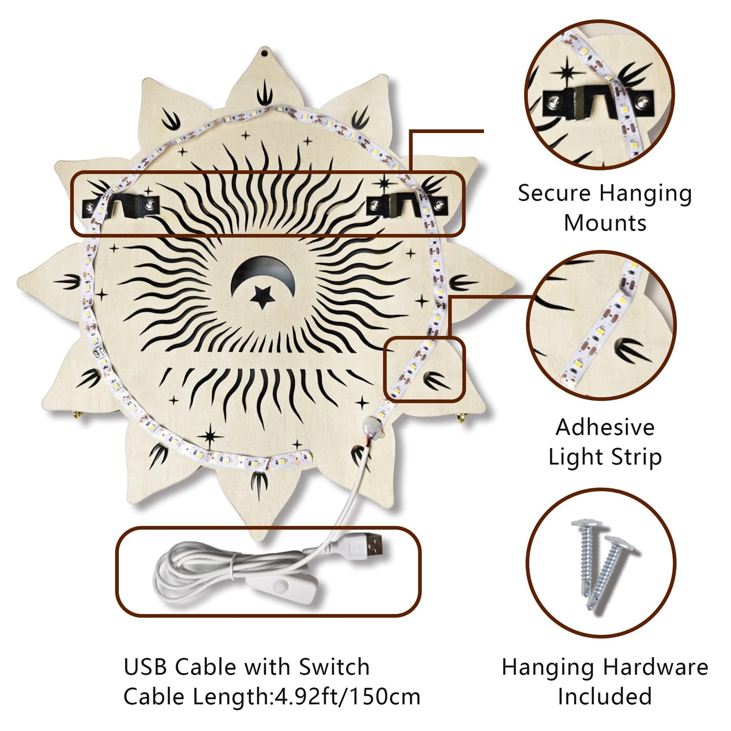 FNYDOX Chakra Lotus Flower Crystal Display Shelf with LED Light, Witchy Home Decor Boho Decorative Wall Mounted Trinket Shelf Wooden Sun Moon Shelf Rock Case Stone Storage Floating Hanging Holder