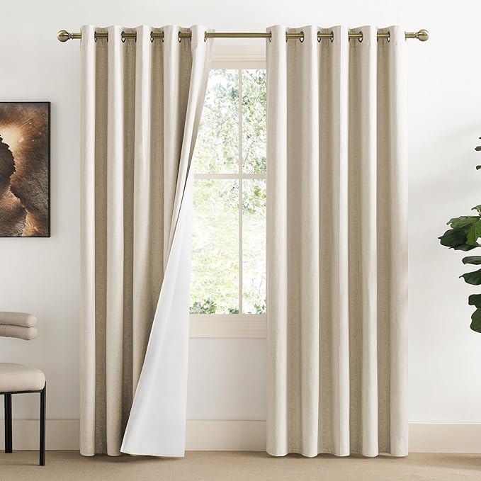 NICETOWN 100% Absolutely Blackout Linen Curtains with Thermal Insulated White Liner, Beige, 62" Wide, 2 Pieces, Privacy Vertical Window Drapes for Office Laundry Living Room Windows 84 inch Long
