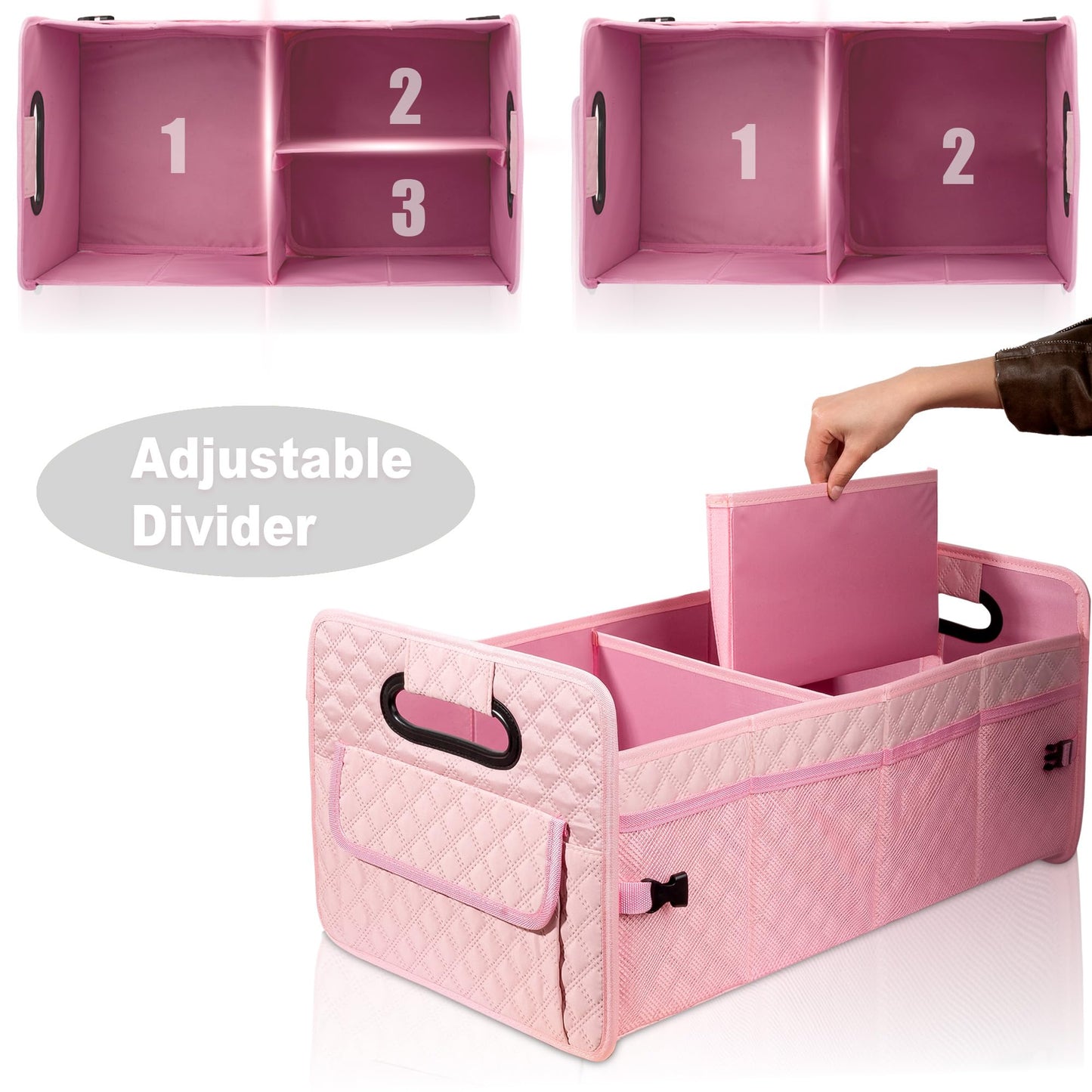JiatuA Car Trunk Organizer for SUV, Car Storage Organizer Collapsible Multi Compartment Container Box, Adjustable Car Accessories for Women/Men, Pink