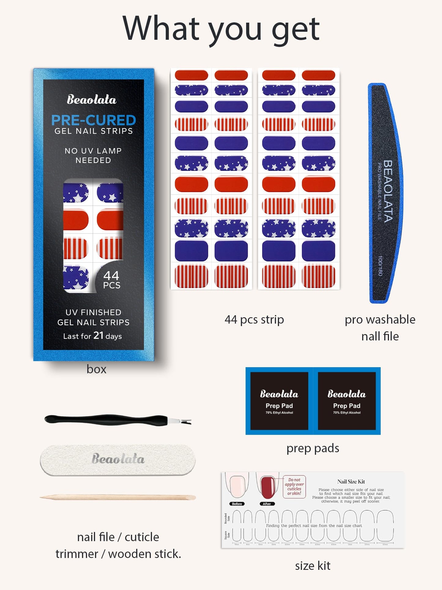 Beaolata Real Gel Nail Strips (No UV Light Needed) - 44Pcs Salon Quality Nail Stickers - Long Lasting Polish Wraps for Women, Easy Apply & Remove (Independence Day)