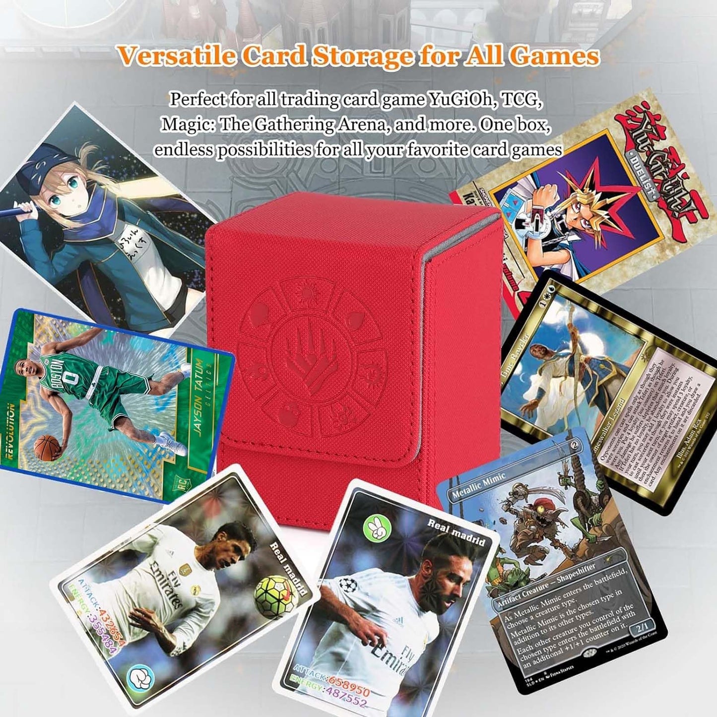 Arkeiliy Card Deck Box, 110+ Storage MTG Deck Box with 50 Pcs Card Sleeve, Collectible Trading Card Cases for Magic Commander and More (Red)