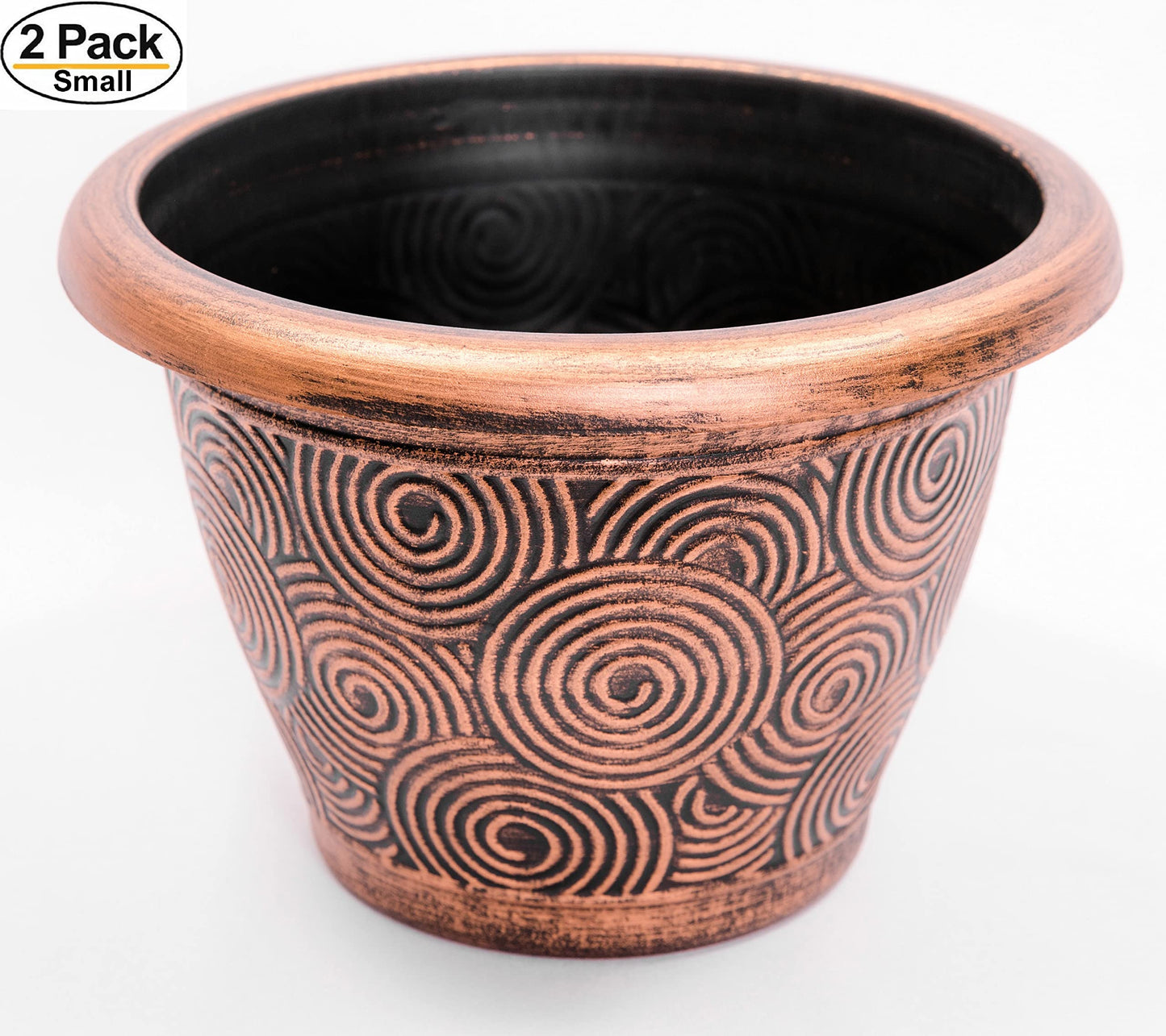 Set of 2 Circle Pattern Small Decorative Plastic Planter 10X7 inches for Indoor, Outdoor, Nursery, Garden, Patio, Office, Home Decor Use. Long Lasting, Reusable Light Weight (Concentric, Copper)