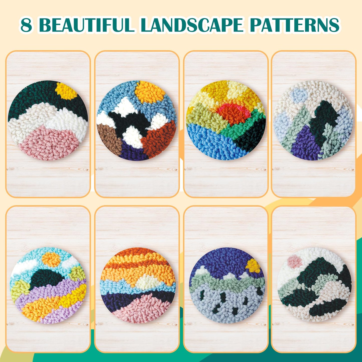 Soleeya 8-Piece Punch Needle Coaster Kit for Adults Beginners | DIY Landscape Patterns with Yarn, Hoop, Needle | Relaxing Rug Tufting Embroidery Craft Gift