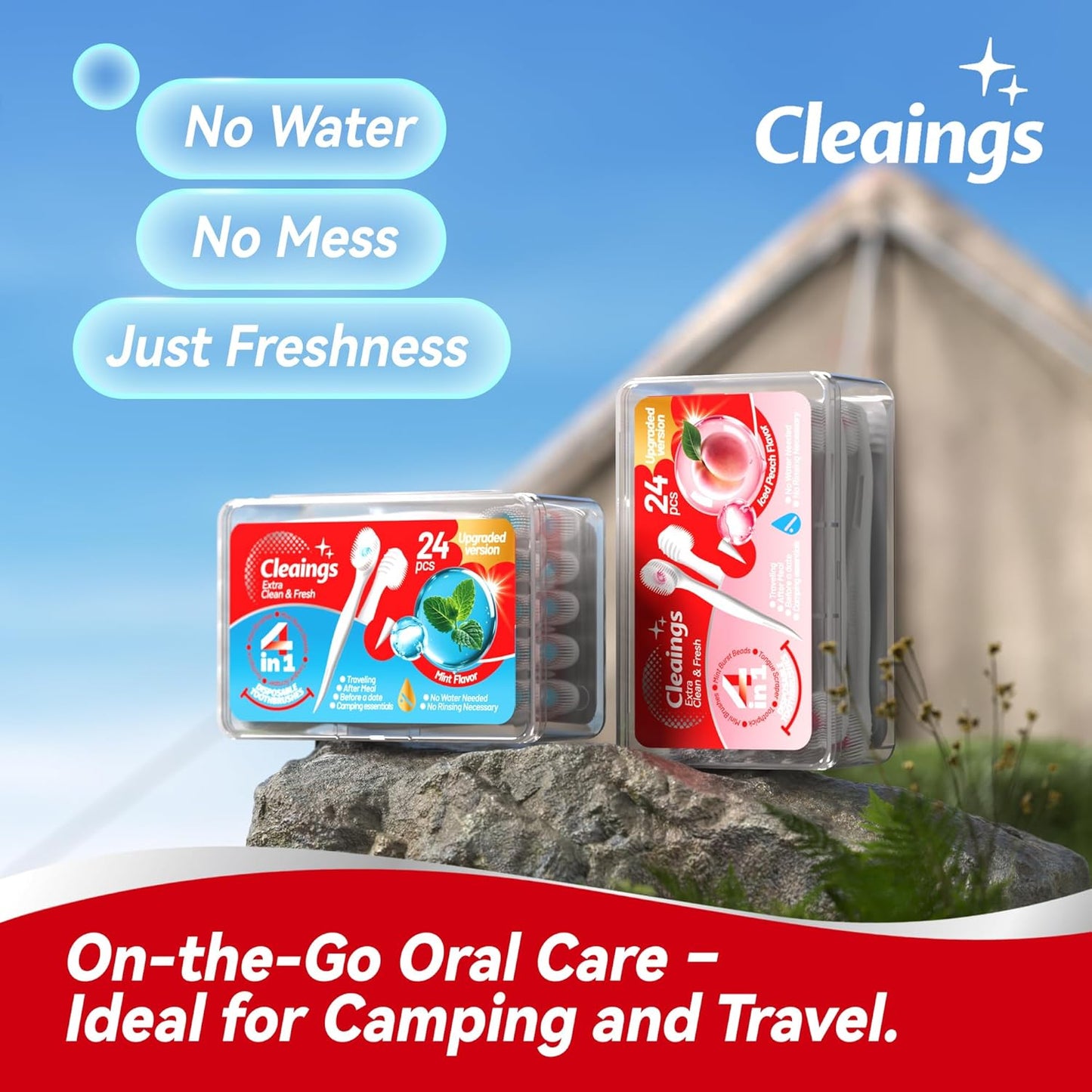 cleaings® Mini Disposable Toothbrush Set with Toothpaste – Travel Essentials, Portable Toothbrush for Women & Men, Camping, Road Trip, Vacation, 24 Count-Ice Peach Flavor（Pack of 1）