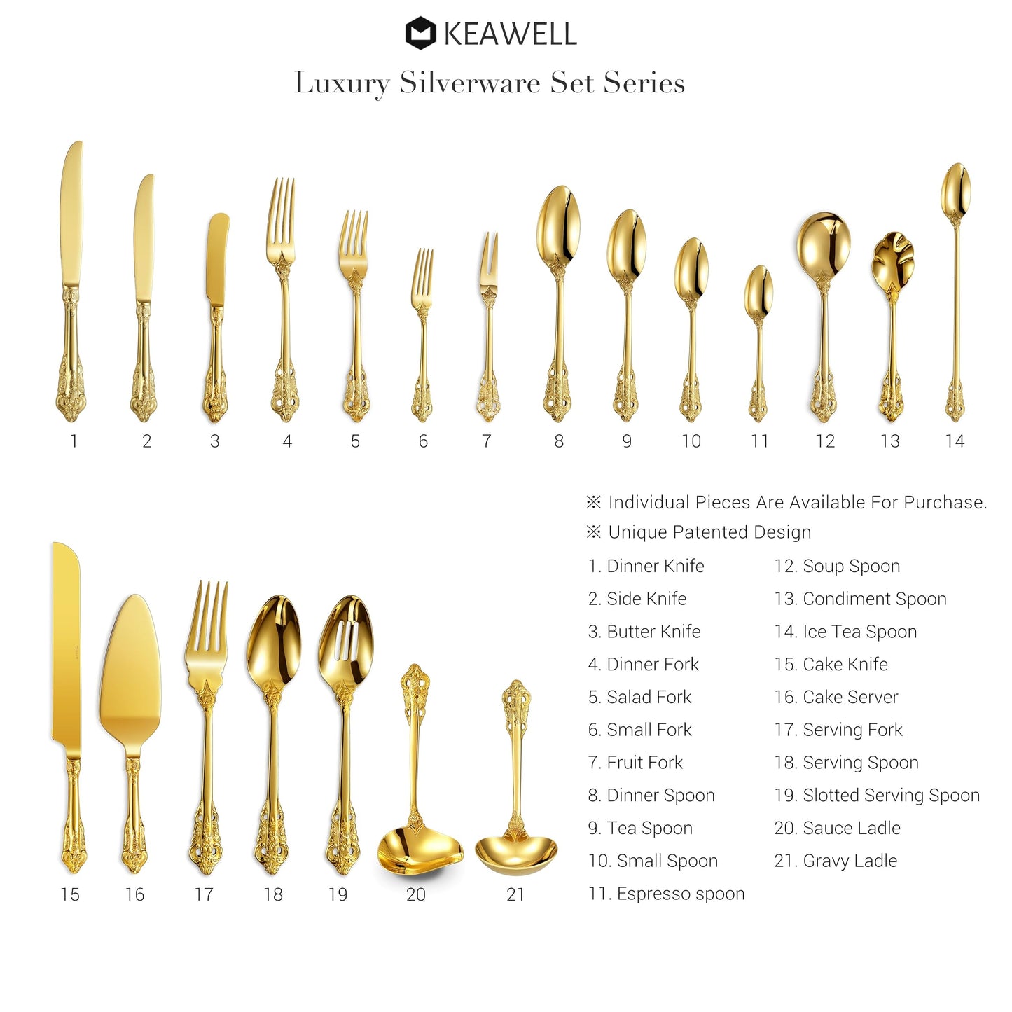 KEAWELL 2-Piece Gorgeous Large Serving Spoon, 18/10 Stainless Steel, Fine Large Serving Spoon, Sturdy Tablespoon, Dishwasher Safe, 9.4" (Gold)