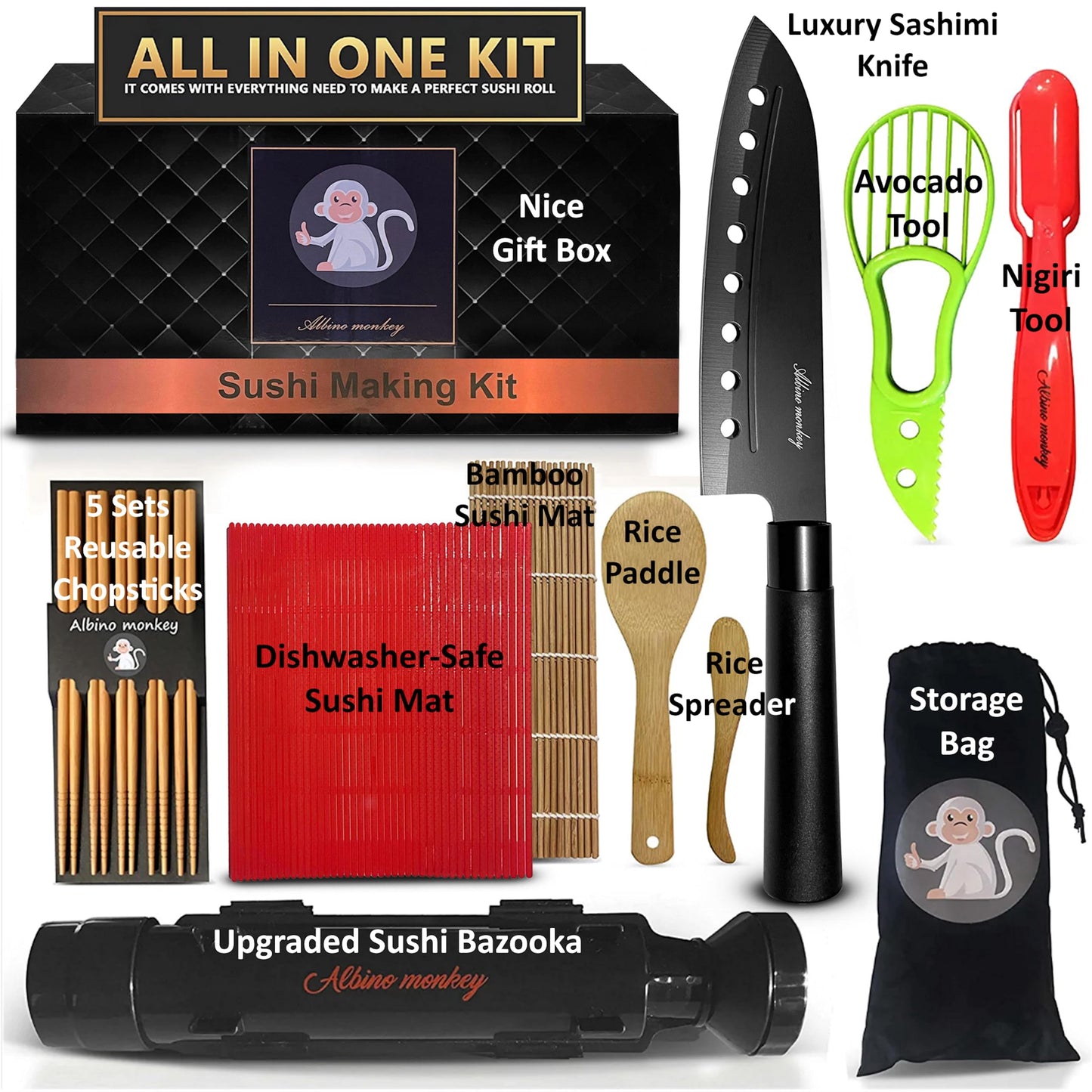Albino monkey Sushi Making Kit – Bamboo Sushi Mat & Roller, Sushi Bazooka, Avocado Slicer & Onigiri Mold – Complete Sushi Maker Kit for Beginners with Gift Box Step-by-Step Video Guide