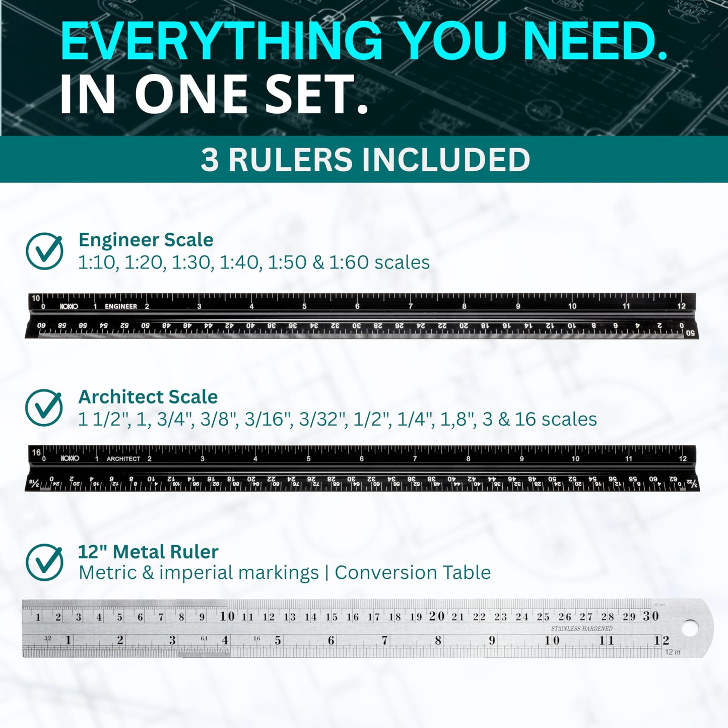 NOKKO Architectural Scale Ruler Set with Engineer Scale and Metal Ruler, 12 Inch Aluminum Drafting Rulers for Blueprints, Engineering Drawings and Floor Plans