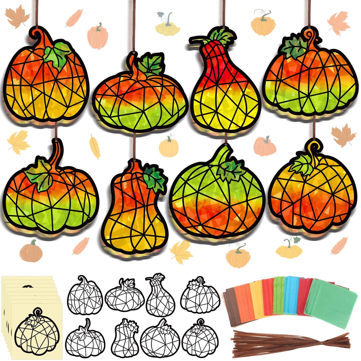 Eersida 32 Pcs Thanksgiving Pumpkin Suncatchers Paper Craft Set Fall DIY Pumpkin Shaped Stained Glass Tissue Paper Kit Bulk for Autumn Thanksgiving Classroom Activities Party Window Art Decor