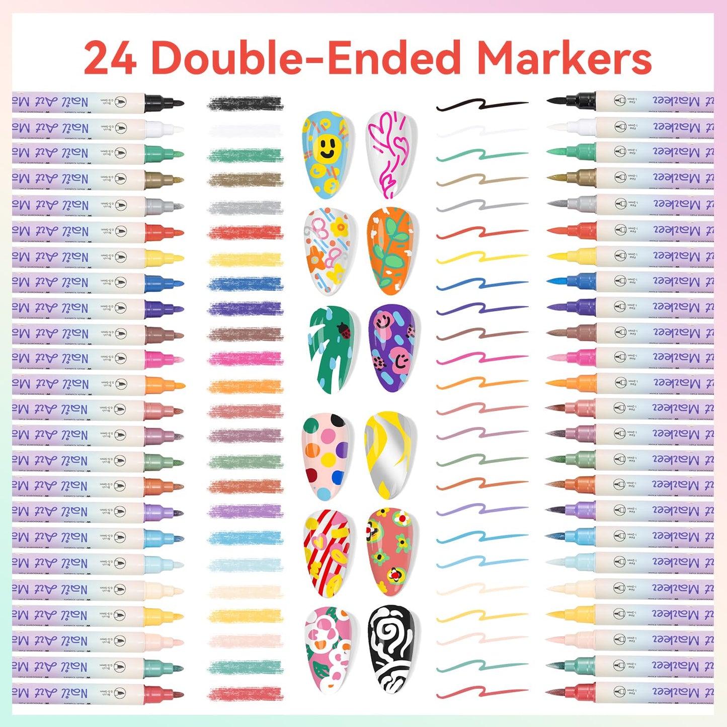 24 Colors Nail Art Pens Set, 3D Nail Polish Pens, Double-ended Nail Markers, Quick-Drying Acrylic Paint Markers, Drawing Painting Dotting Liner for DIY Nail Design, Home & Salon Manicure Tools