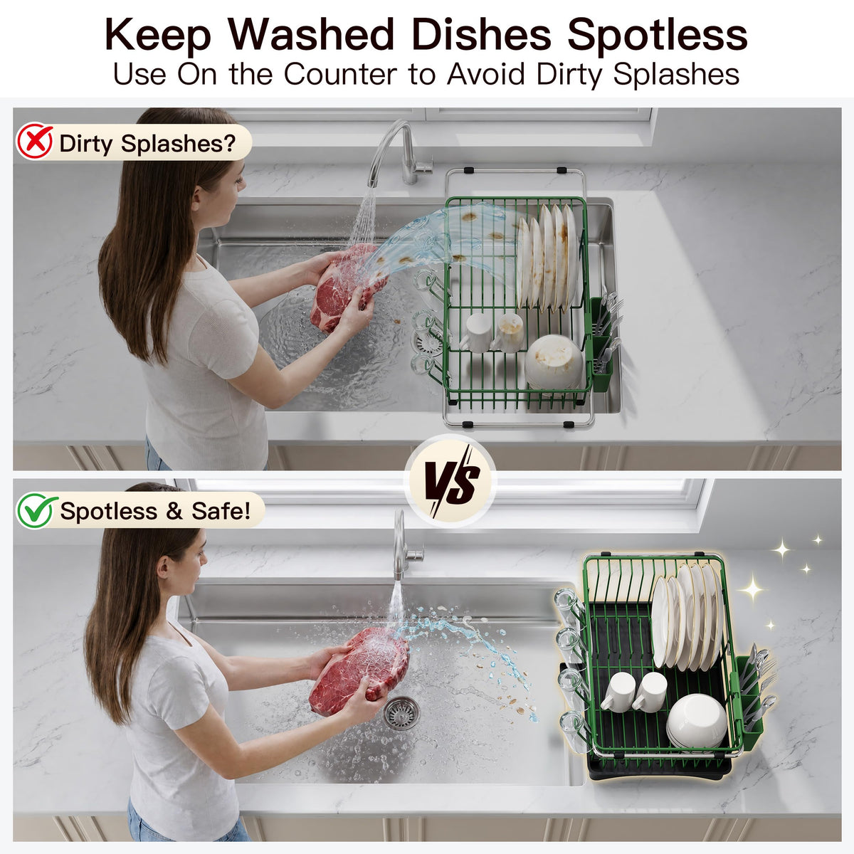 Green Dish Drying Rack in Sink with Drainboard and Utensil Holder