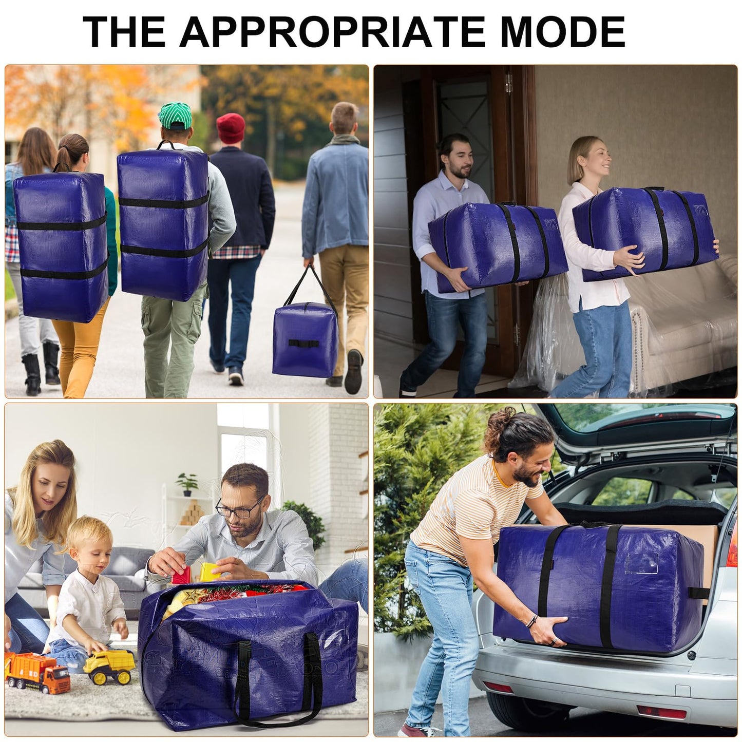 6 Pack Moving Bags Heavy Duty, Extra Large Storage Totes Bag with Zippers and Sturdy Handles, Packing Bags for Moving, Storage, Travel, Space Saving, Moving Boxes College Essentials Blue
