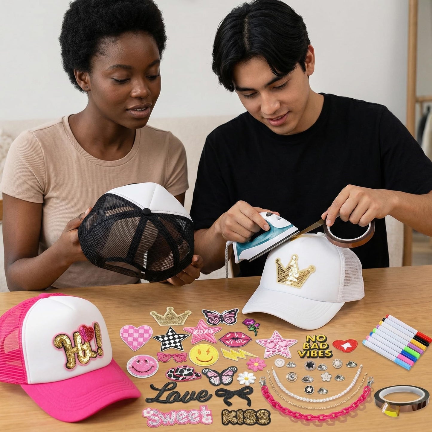 HEYTRCO 46PCS DIY Trucker Hat Kit, 3 Mesh Foam Hats with Iron-On Embroiederd & Sequin Patches, Hat Pins, Hat Chains, 8-Color Markers & Heat-Resistant Tape – Creative Girls Party Craft Set
