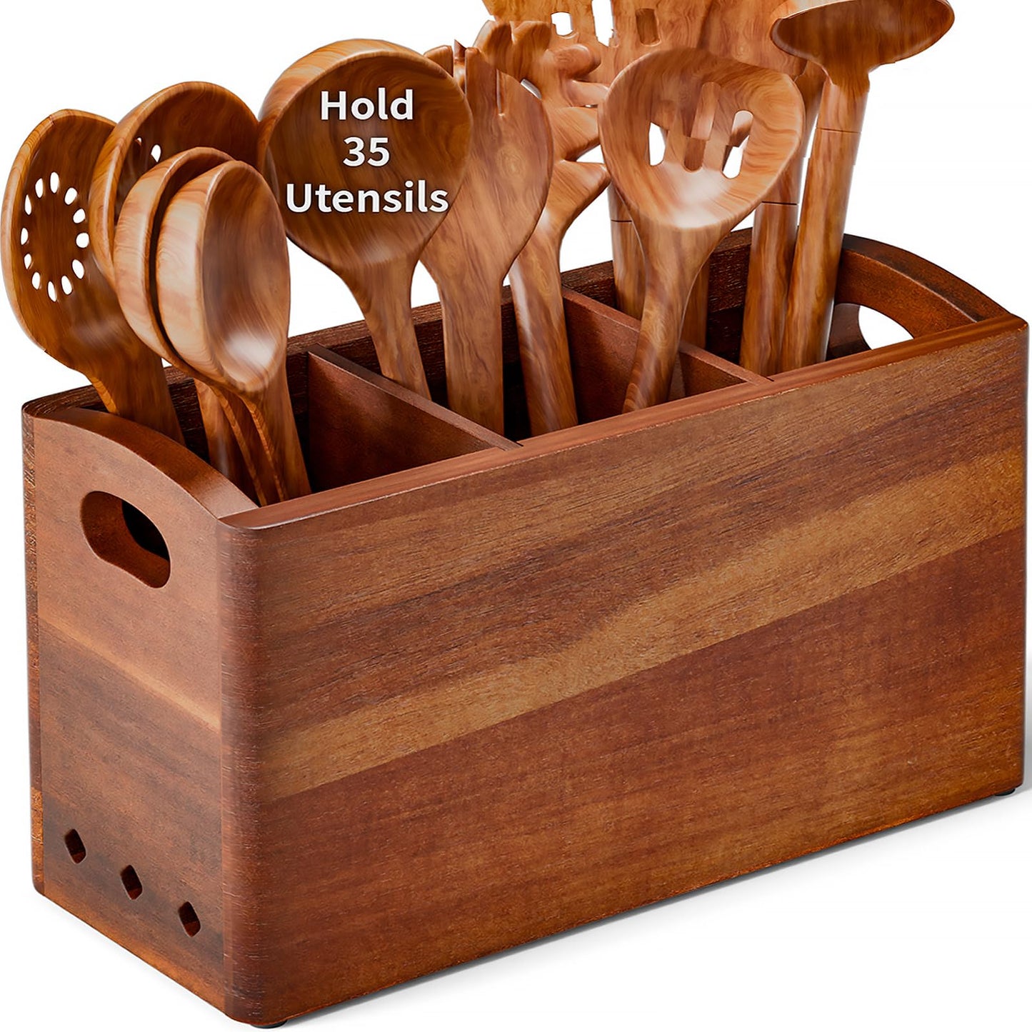 PrimZooty Natural Acacia Wood Utensil Holder for Kitchen Counter (Large), 3 Compartment with Removable Dividers 11.7"x7.1"x4.5", Large Cooking Utensil Organizer - Anti-Scratch Bottom