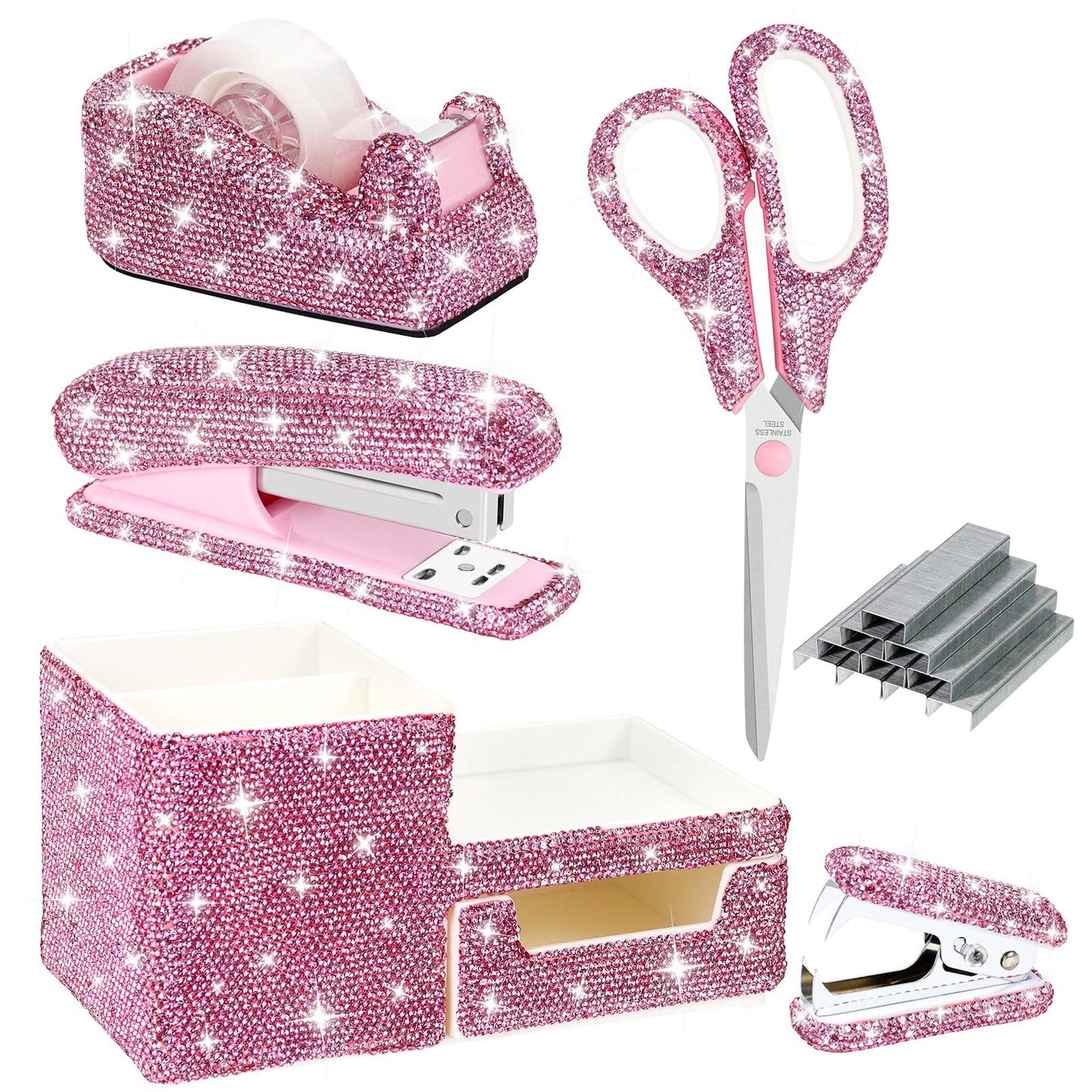 MultiBey 7 Pcs Pink Bling Rhinestone Desk Accessories Set, Crystal Office Stationery Kit with Stapler, Tape Dispenser, Scissors, Drawer Organizer - Glamorous Gift for Home School Office Supplies