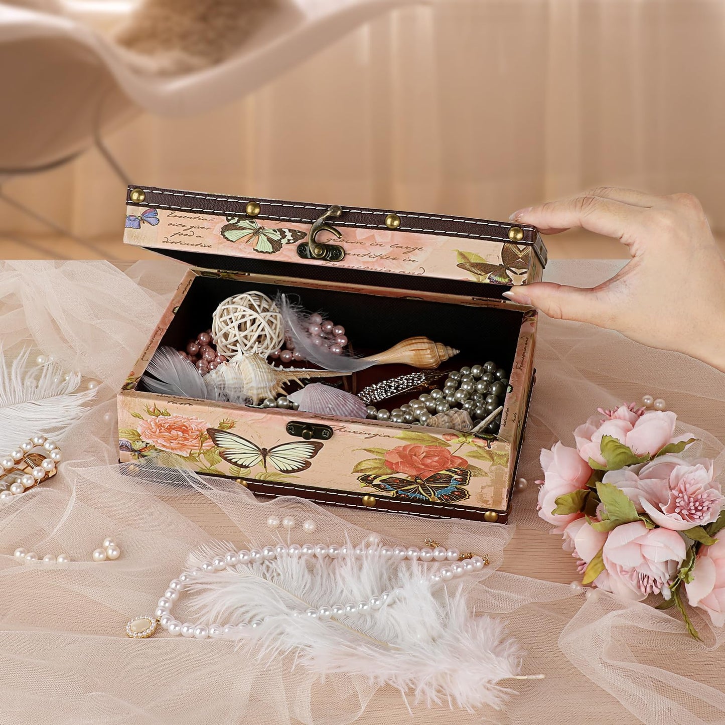 ELLDOO Butterfly Treasure Chest Box, Wooden + PU Leather Storage Decorative Box for Jewelry Trinkets Photos, Rectangular Keepsakes Box for Girls Women Gifts
