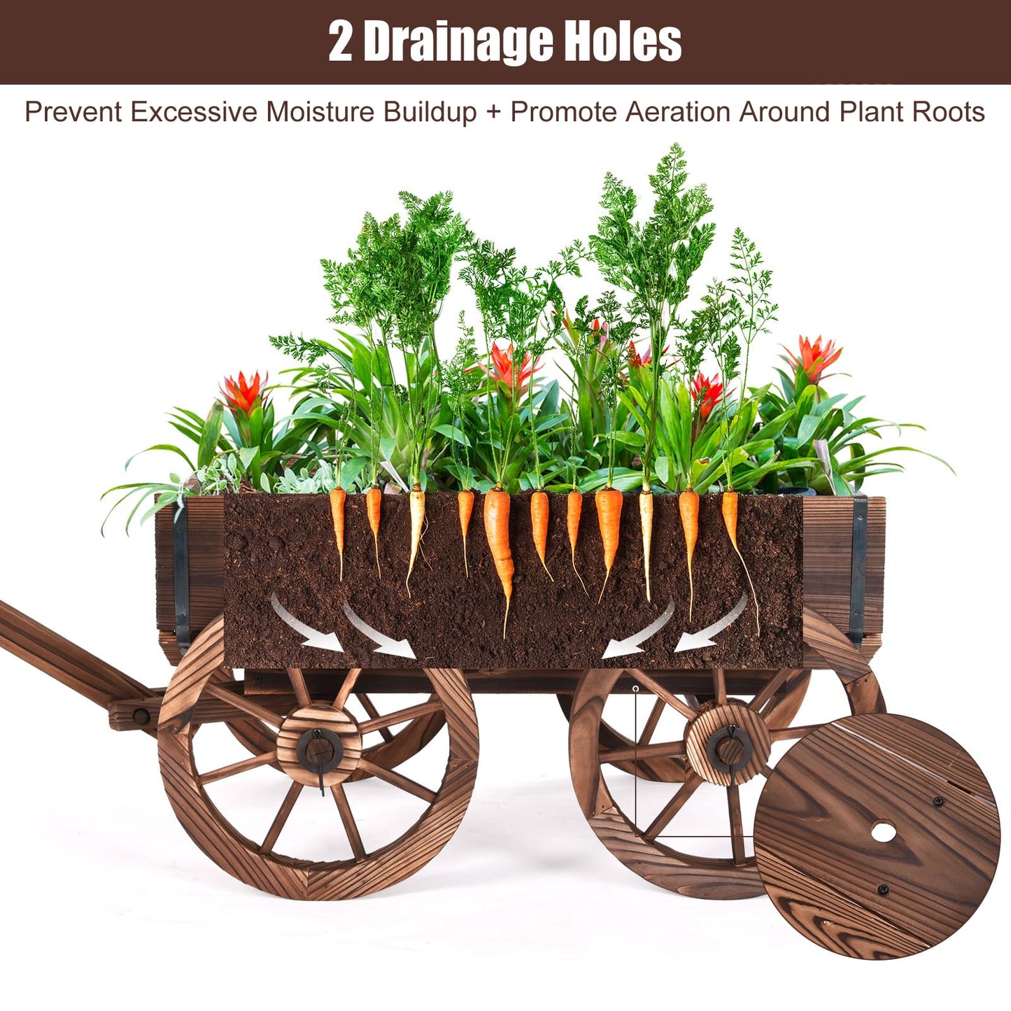 COSTWAY Wood Wagon Flower Planter Pot Stand with Wheels for Home, Garden, Indoor, Outdoor, Decor