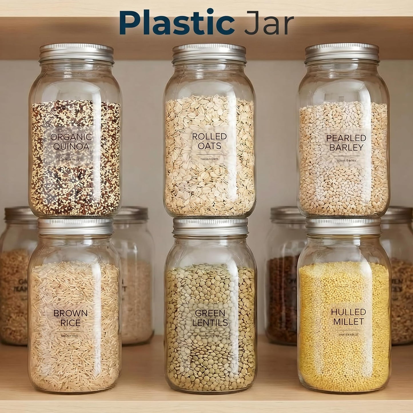 novelinks 32 oz Mason Jars with Plastic Lids, 12 Pack Large Plastic Salad Jars with Lids 32oz, Reusable Spice Containers & Kitchen Jars for Pantry Organization (12 Pack,Silver)
