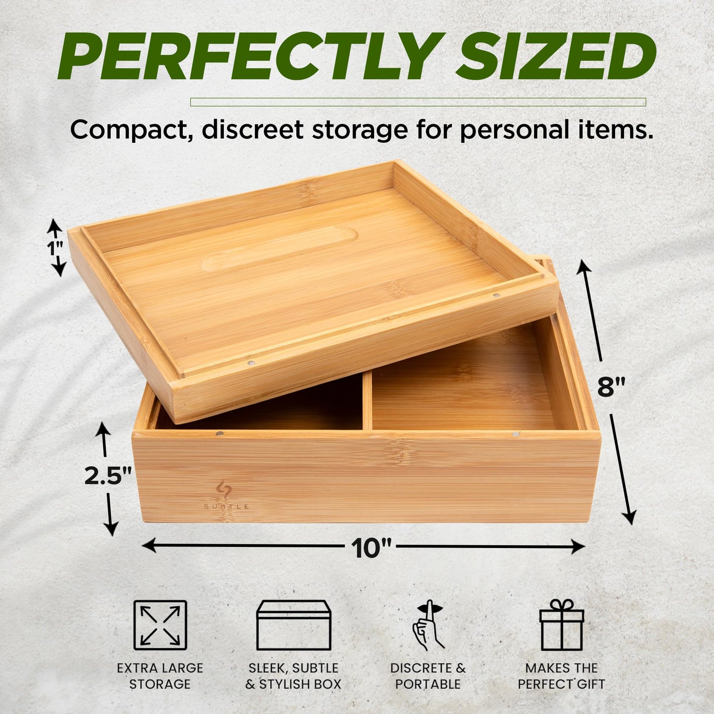 Subtle Rolling Tray Stash Box - Large Bamboo Box w/Ample Storage Space to Organize Herb Accessories - Comes with Convertible Rolling Tray Lid - (10" x 8" x 3.5")