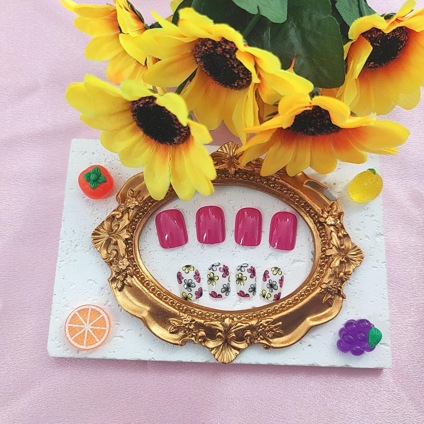 Short Press on Nails Square Fake Nails with Flower Designs Spring Nails Press ons Glossy Glue on Nails Pink Acrylic Nails Cute False Nails Artificial Stick on Nails for Women 24Pcs
