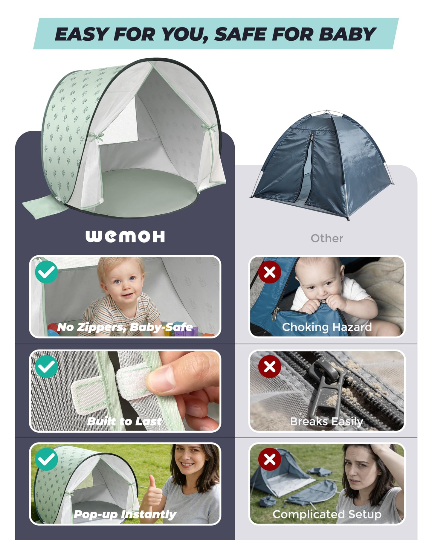 WEMOH Baby Beach Tent, 2026 Upgrade Pop Up UPF 50+ UV Protection Sun Shelter Canopy with Mosquito Net Portable Outdoor Shade Summer Essentials for Babies & Toddlers