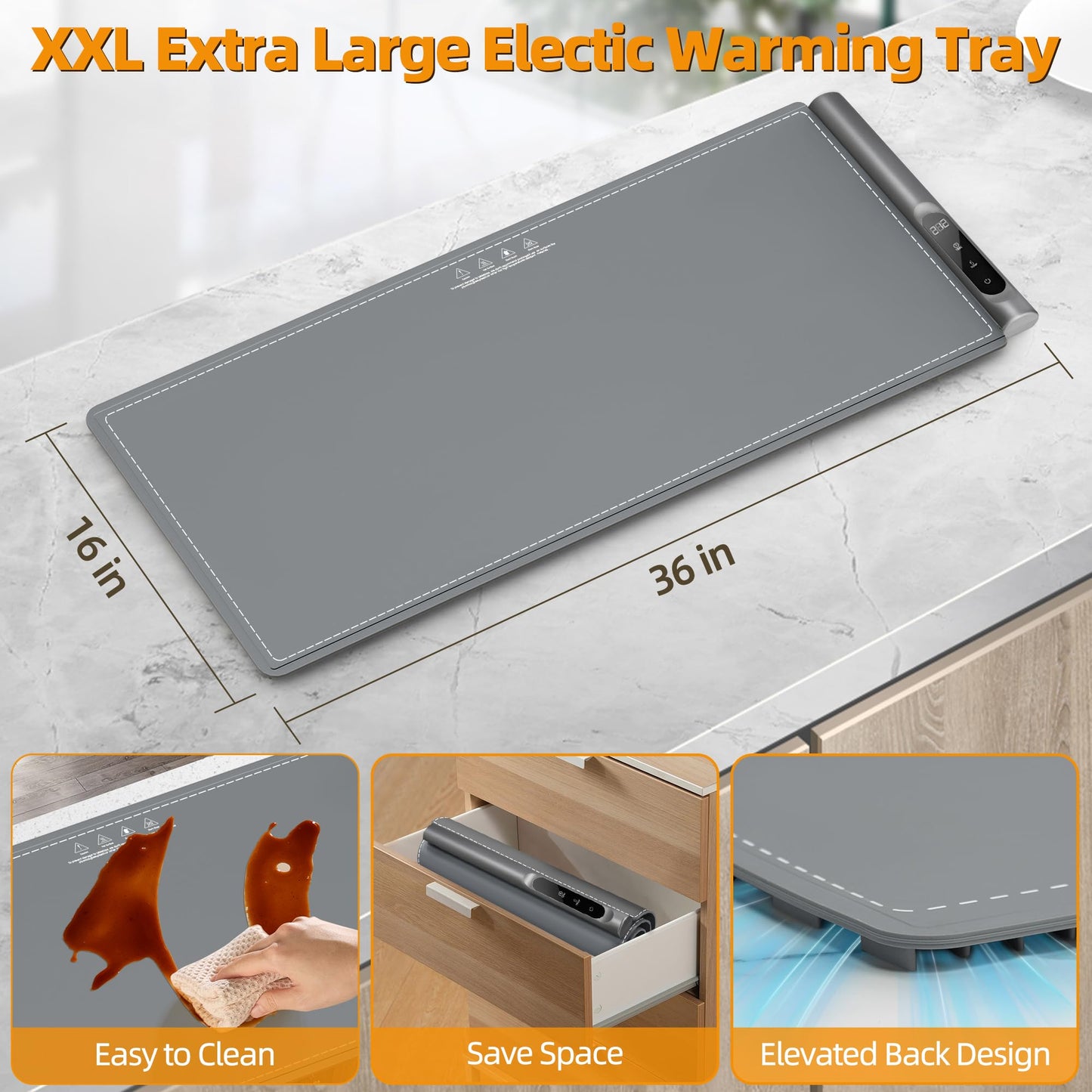Newise Graphene Warming Mat for Food, Extra Large (XXL 36”x 16") Electric Warming Trays for Buffets Party Countertop with 6 Temp & Timer Settings, Mothers Day Kitchen Gifts for Mom Wife, Gray