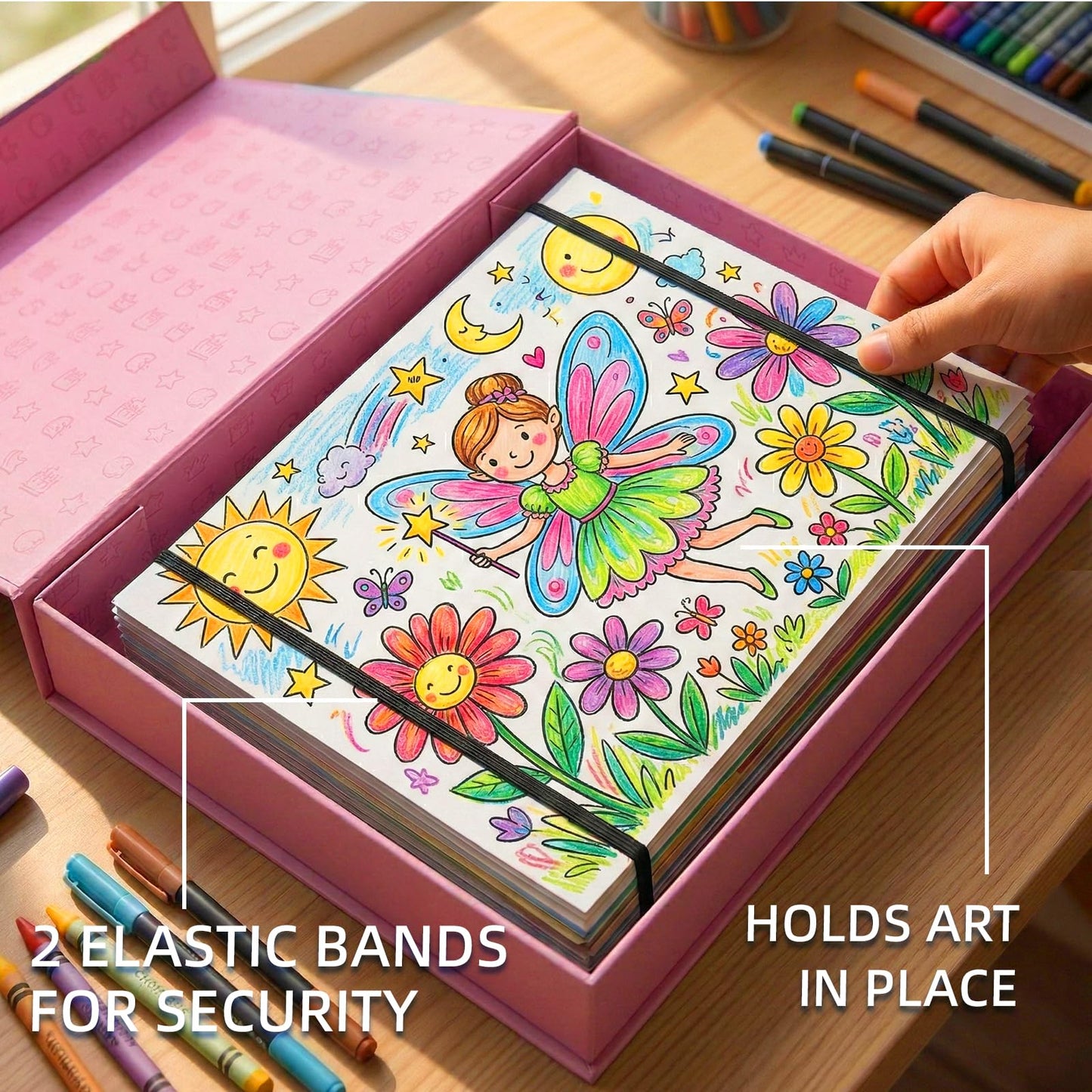 JJRING 9x12 Foldable Art Portfolio Storage Box with Elastic Bands, Student Artwork Keepsake & Professional Document Organizer Folder For Drawings and Classroom Use (Pink)