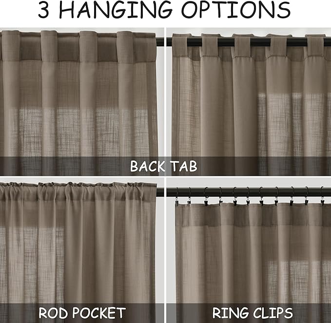 Dark Taupe Linen Curtains 84 Inches Long for Bedroom Back Tab Light Filtering Privacy Semi Sheer Curtains Modern Farmhouse Decor Dark Taupe Cotton Textured Curtain for Living Room 2 Panels 52x84