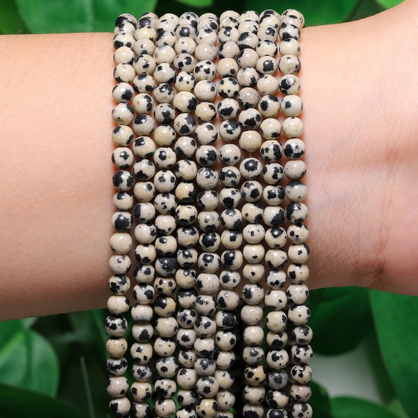 Songxi 90pcs 4mm Dalmatian Natural Round Stone Beads for Jewelry Making, Smooth Loose Small Gemstone Beads for Bracelets Necklace, Chakra Stones with Energy Power