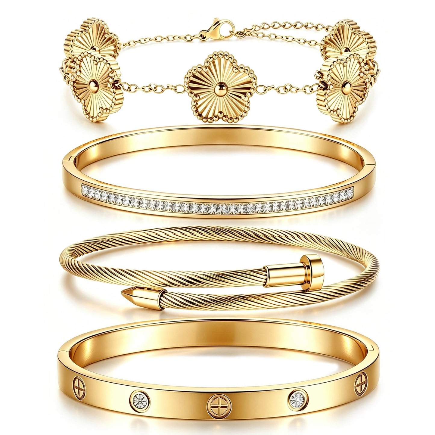 ISELBDR 18K Gold Bracelets for Women - Stackable Clover & Nail Love Bangle Set - Non-Tarnish Stainless Steel Jewelry for Valentine's, Mother's Day & Christmas (Gold-2)