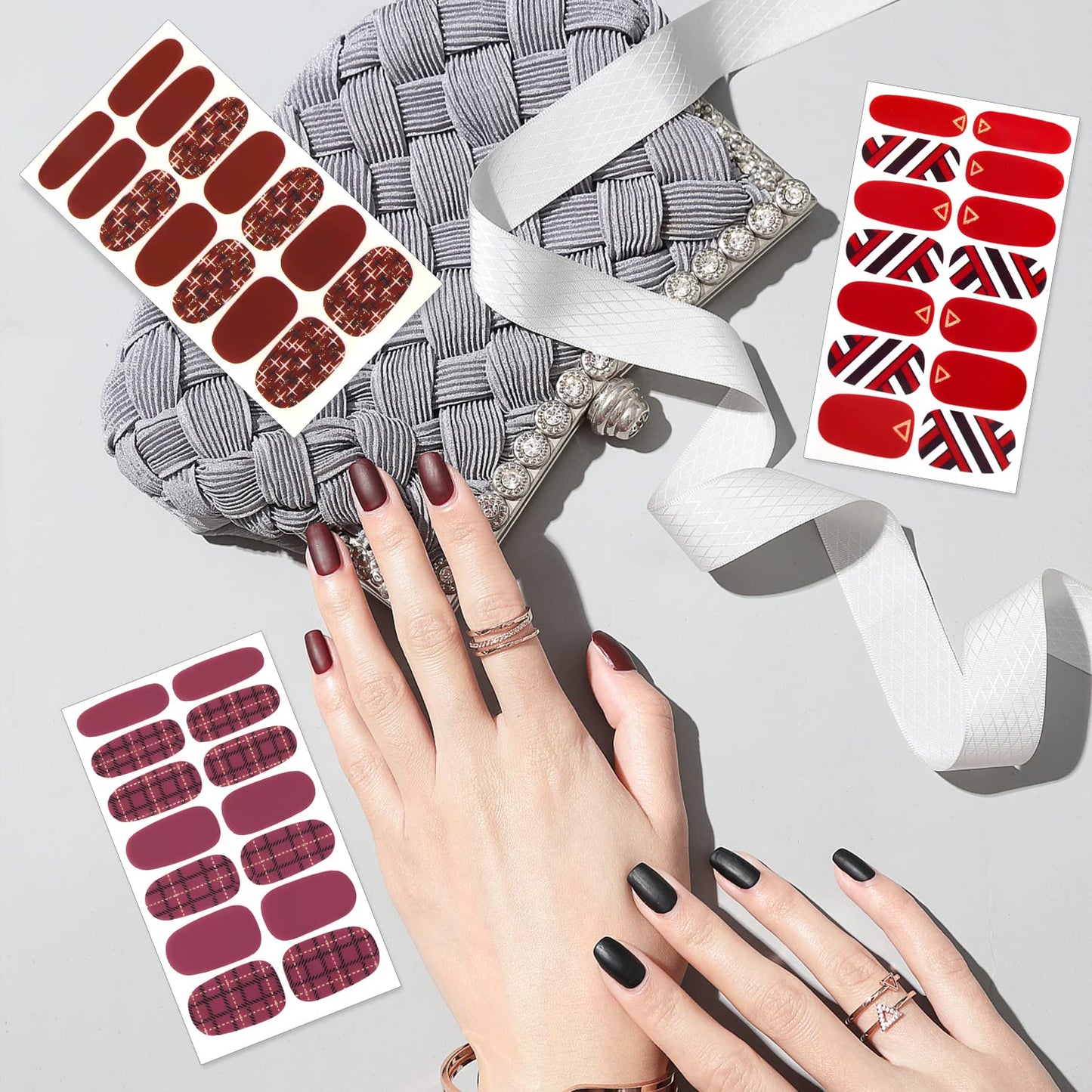 SILPECWEE 16 Sheets Red Plaid Nail Polish Strips Self Adhesive Nail Wraps Nail Polish Stickers for Women Nail Strips Real Nail Polish Manicure Kit with 1pc Nail File