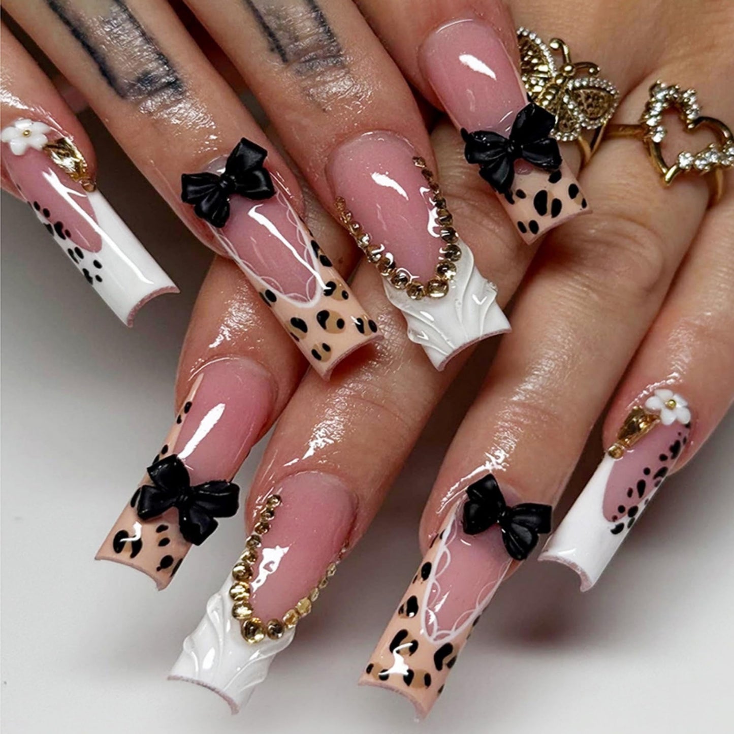 SEENEEY Long Press on Nails Square Fake Nails Brown Artificial Nail Leopard and Black Bow Designs Cute Stick on Nail for Women 24pcs
