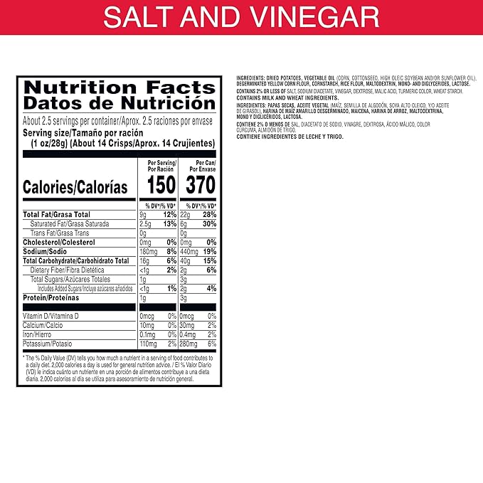 Pringles Potato Crisps Chips, Lunch Snacks, On-The-Go Snacks, Grab n' Go, Salt and Vinegar (12 Cans)