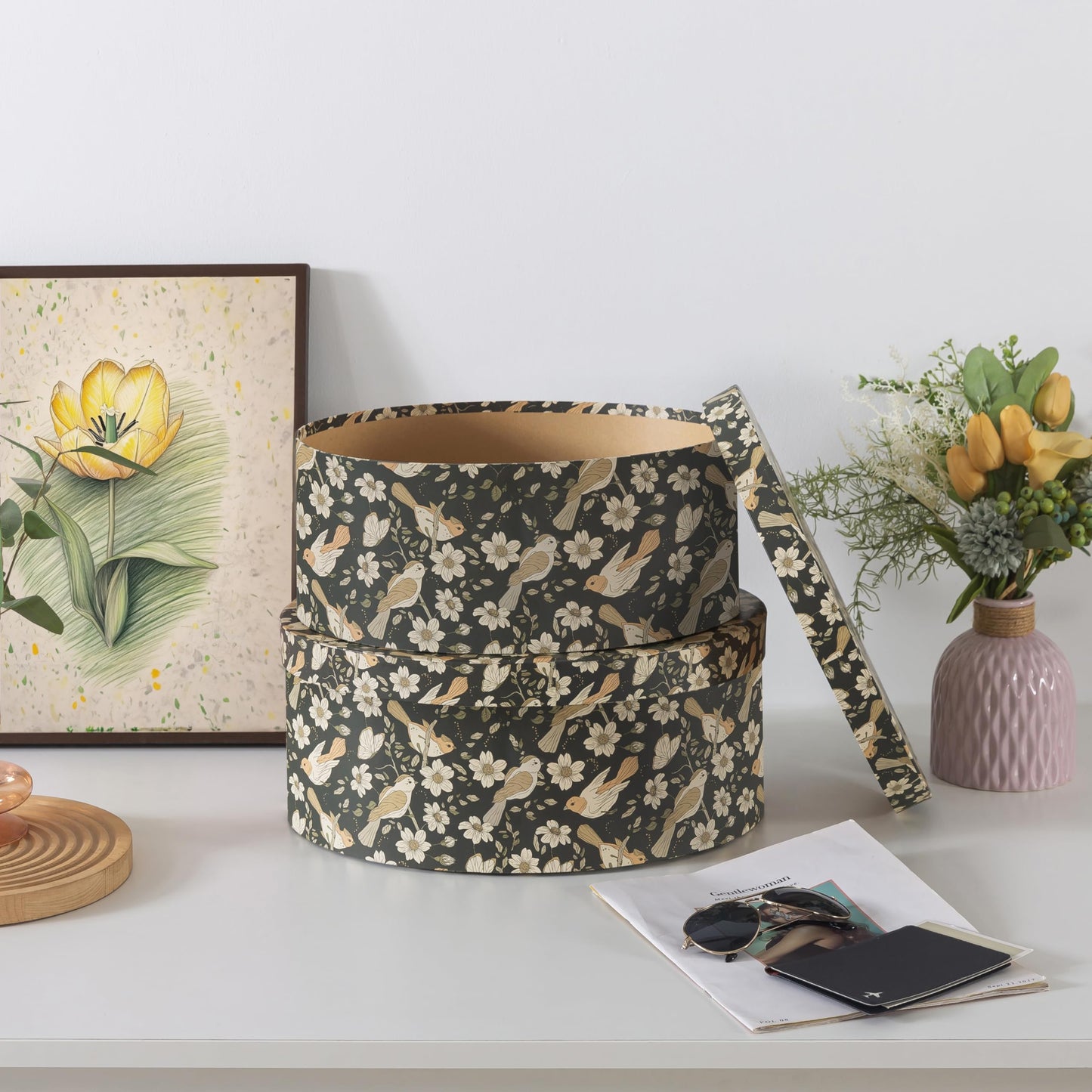 Soul & Lane Large Oval Cardboard Decorative Storage Boxes with Lids - Midnight Blossom Serenade, Set of 2 Cardboard Boxes for Flowers and Gifts, Nesting Memory Containers for Keepsakes and Organizing