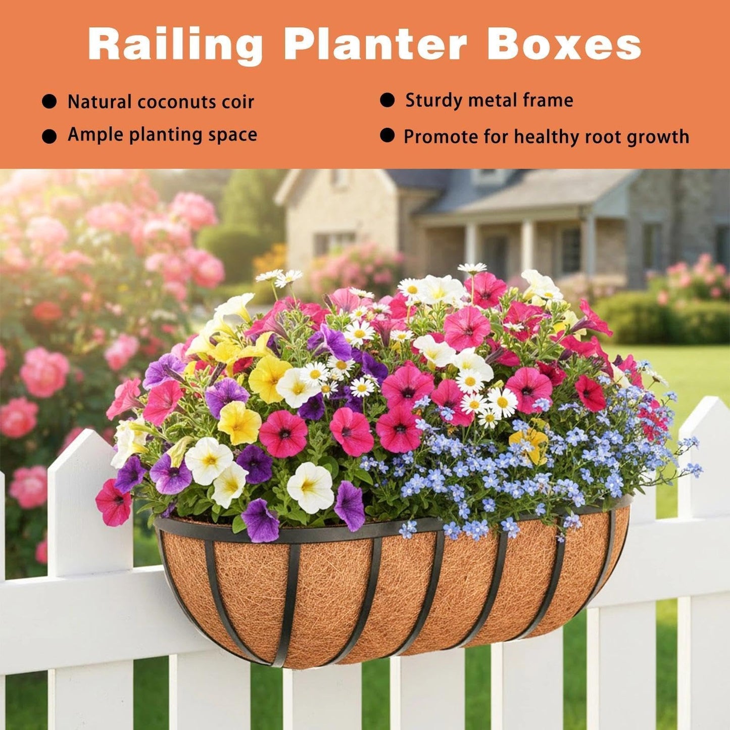 ZVOWOS 2 Pack 16" Railing Planter Window Box with Coco Fiber Liner Horse Trough Planter The Railing Planter Boxes for Deck Porch Fence Outdoor