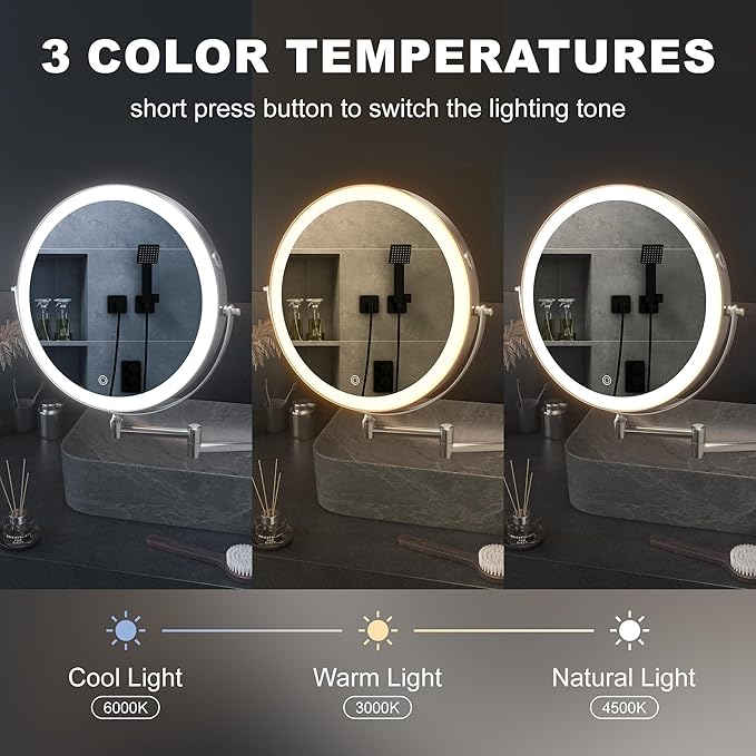 Hasipu 8.5-Inch Wall Mounted Makeup Mirror with Magnification, Rechargeable 2000 mAh Vanity Mirror with Lights, Bathroom Mirror with Dimmable Brightness, 3 Lighting Modes, Extendable Arm, Nickel