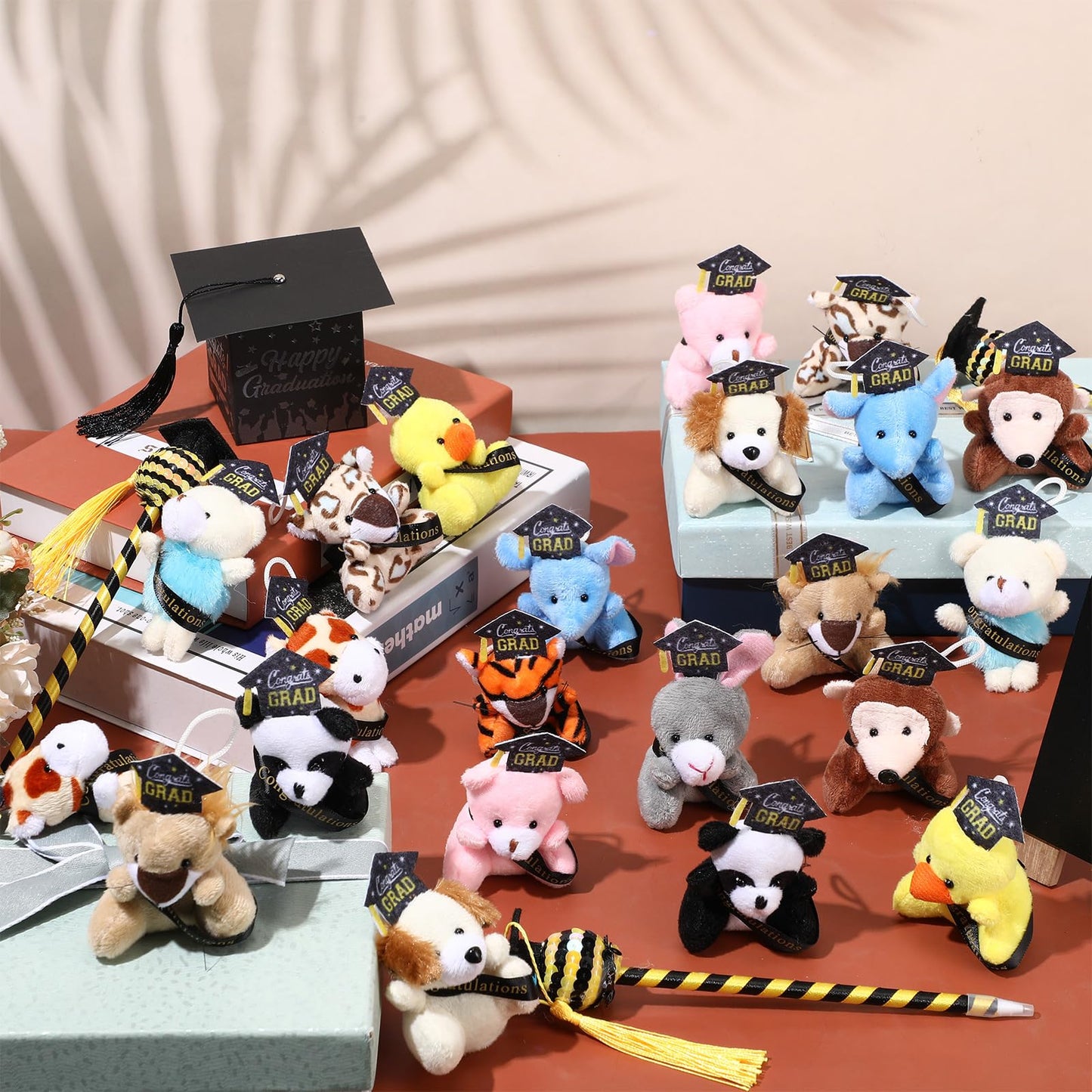 MiniInflat 12 Pcs Mini Graduation Stuffed Animal Bulk Tiny Congrats Grad Plush Small Animal Doll Keychain with Grad Hat for 2026 Graduation Party Favors Prek Kindergarten Classroom Exchange Gift
