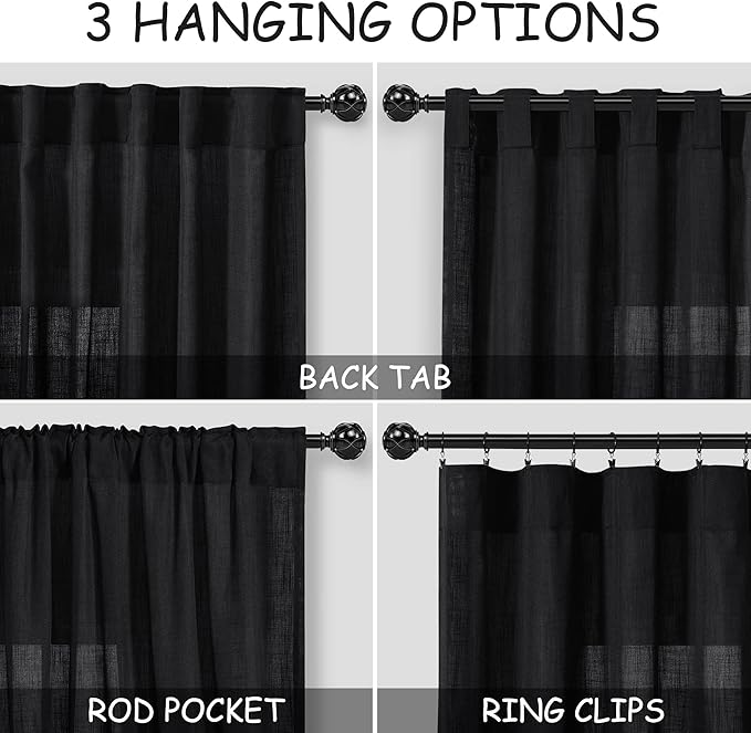Nanspring Linen Curtains 84 Inch Length for Living Room Bedroom Black Simple Modern Semi Sheer Curtains Set Back Tab Rod Pocket Cotton Textured Privacy Drapes 60x84, 2 Panels
